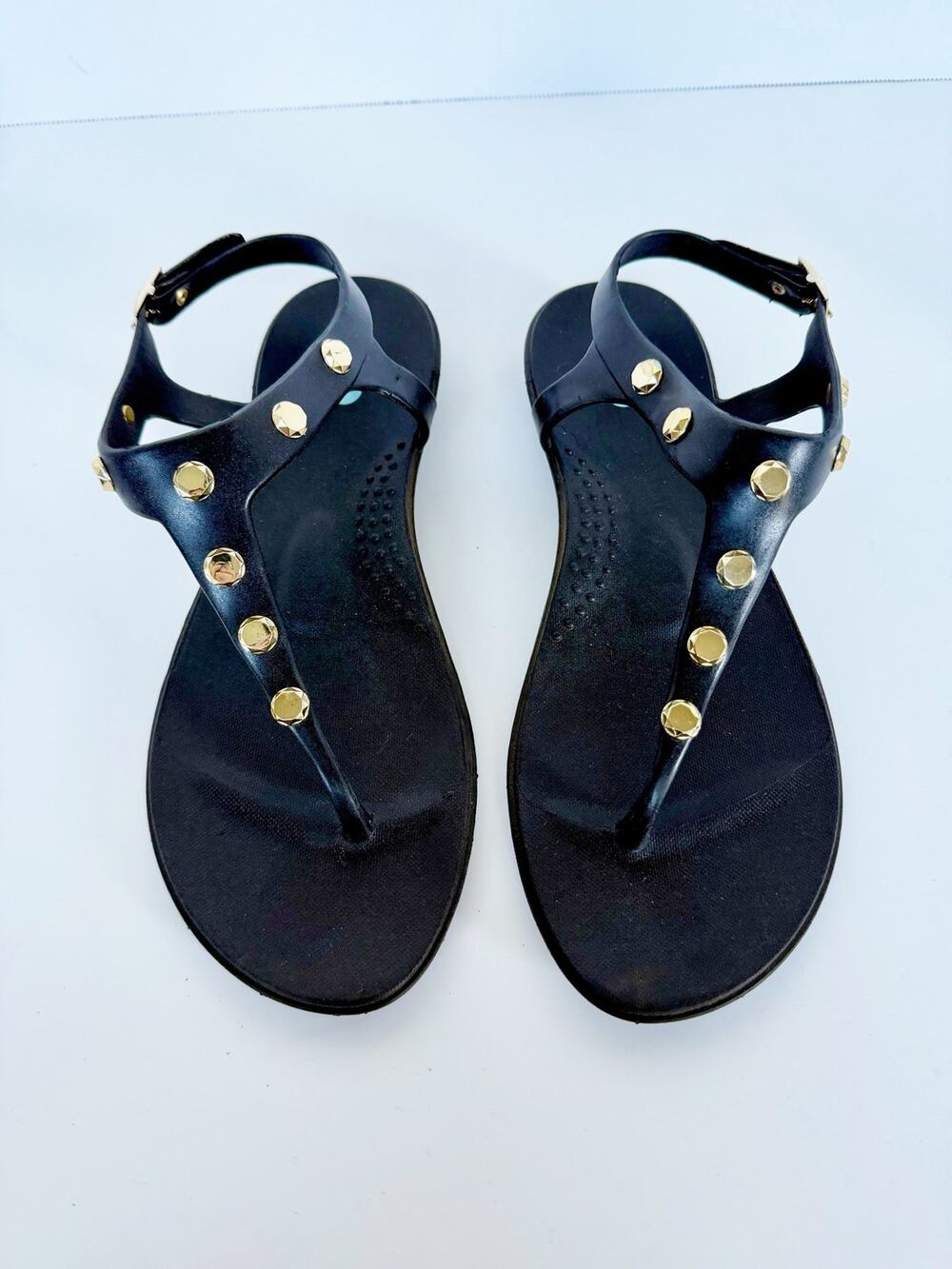 Oka B T-Strap Thong Sandal Rubber Black Gold Studded Sandal Size 9